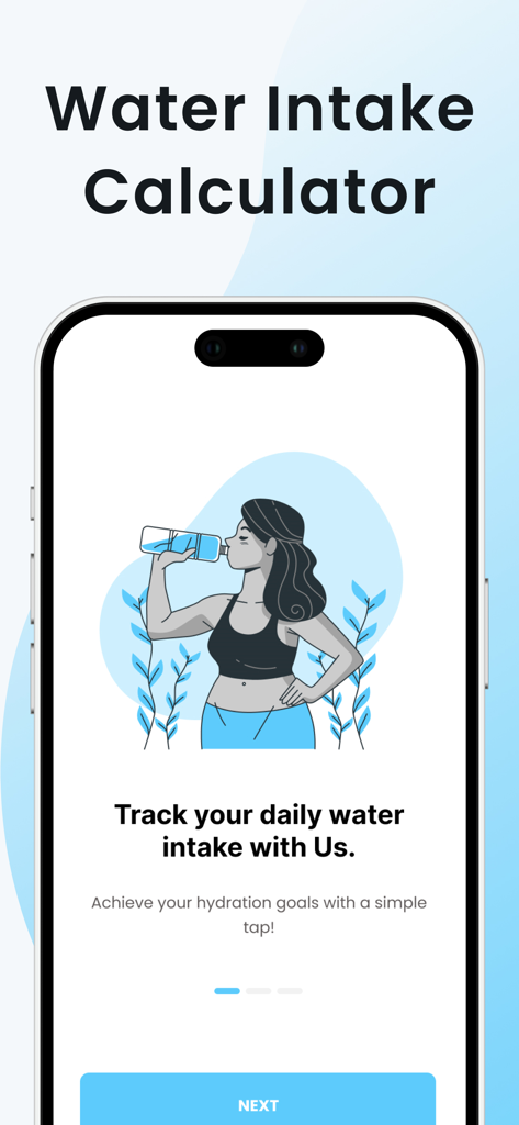 Water Tracker ・ Drink Reminder - Una pantalla de aplicación móvil que muestra la incorporación de la Calculadora de Ingesta de Agua con una ilustración de una mujer bebiendo agua.