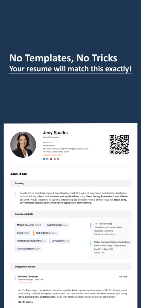 CV & Resume Builder - Resumee - Una plantilla de currículum profesional de la aplicación Resumee que muestra un diseño limpio para la educación y el historial laboral