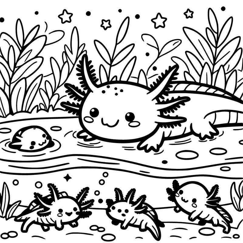 super cute axolotl family in the pond
