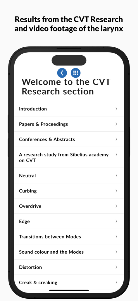 Complete Vocal Technique - Menu de la section recherche dans l'application Complete Vocal Technique montrant des études vocales scientifiques et des modes