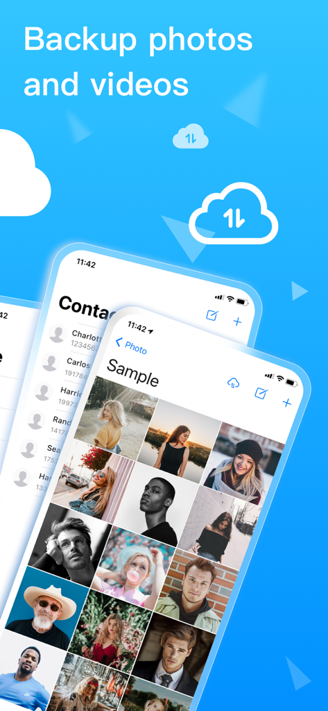 SPV mobile app interface showing photo backup and secure contact list