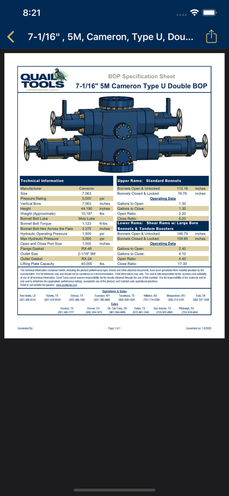 Hoja de especificaciones técnicas para un Preventor de Reventones Doble Cameron Tipo U dentro de la aplicación móvil Quail Tools.