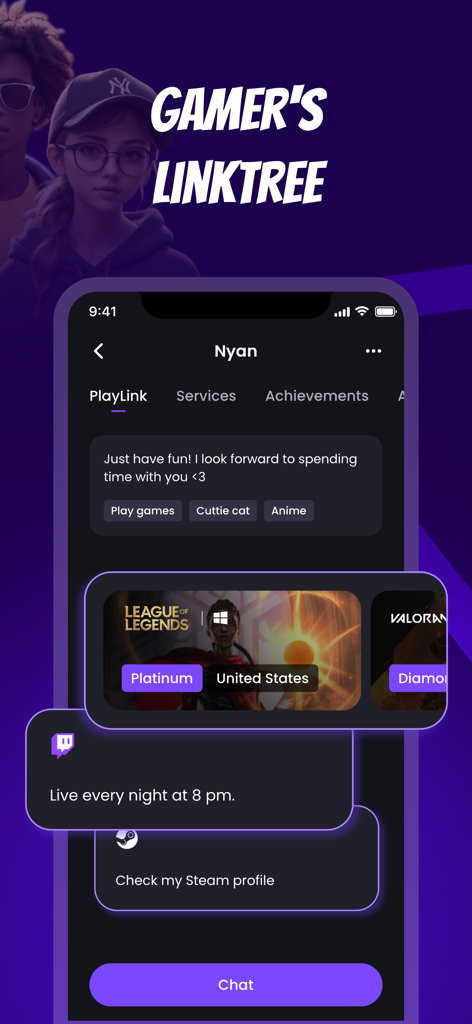 E-Pal app interface showing a gamer profile with game ranks for League of Legends and Valorant along with social links