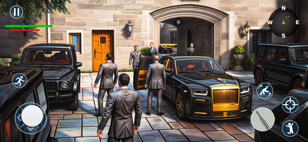 Gang Games : Crime City War 3D - Gangster characters and luxury vehicles in a mansion courtyard from the game Gang Games Crime City War 3D