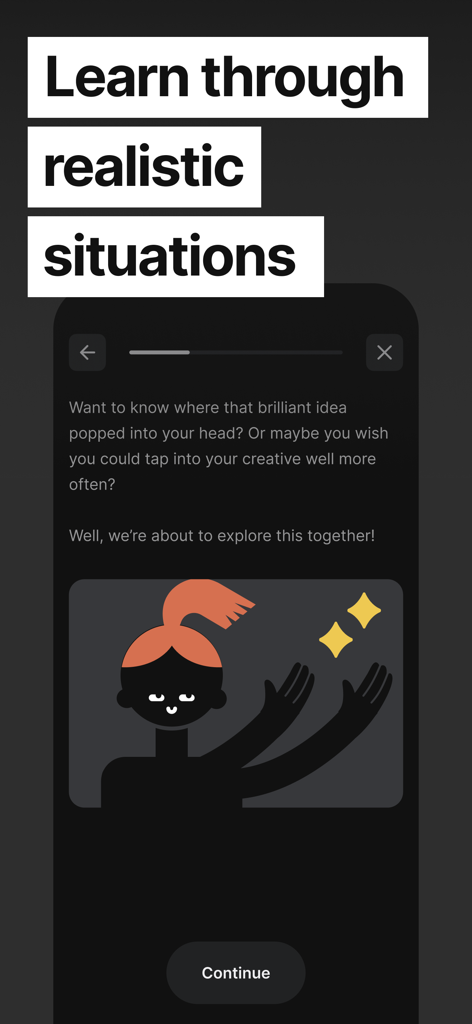 Skillsta: Social skill trainer - Skillsta app interface showing a lesson on creativity with the heading Learn through realistic situations