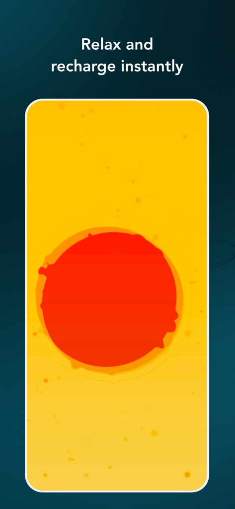 Pause: daily mindfulness - Screenshot of Pause daily mindfulness app showing a minimalist interface with a red circle on a yellow background and the headline Relax and recharge instantly