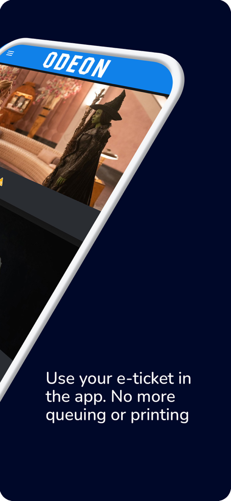 Interfaz de la aplicación ODEON que destaca el uso de entradas electrónicas para evitar colas