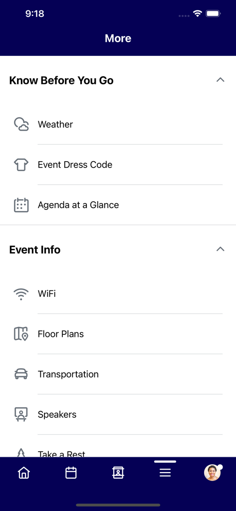 Cvent Events - Interface of Cvent Events app displaying event logistics including weather, dress code, WiFi details, and floor plans.