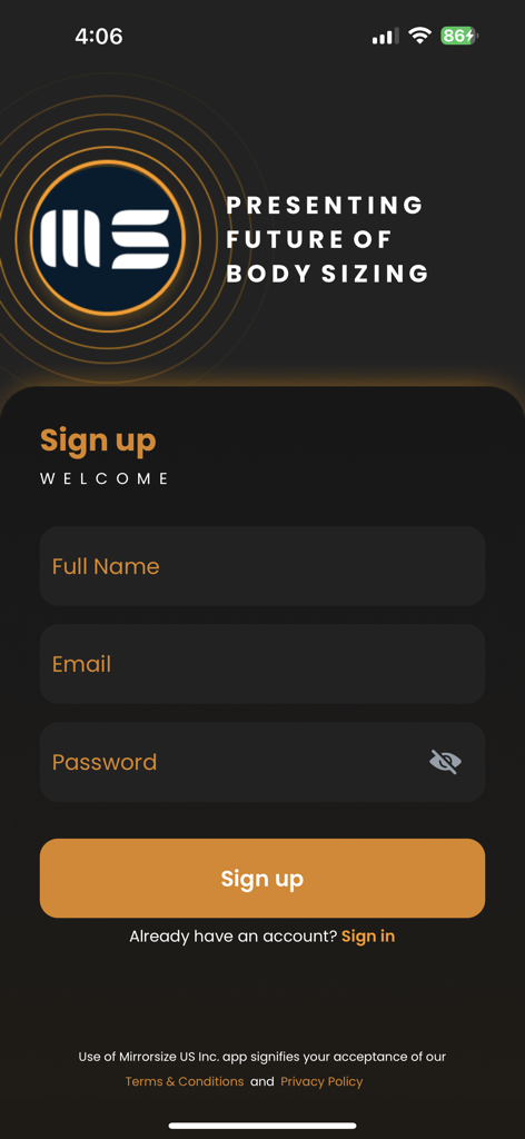 Mirrorsize - Signup screen for the Mirrorsize 3D body sizing app