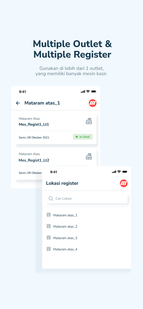 Jubelio POS - Jubelio POS app interface showing multiple outlet and register management for retail businesses
