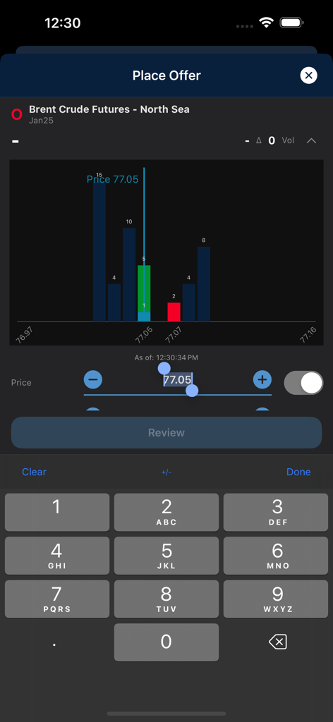 ICE mobile - ICE Mobile app interface for placing a trading offer on Brent Crude Futures