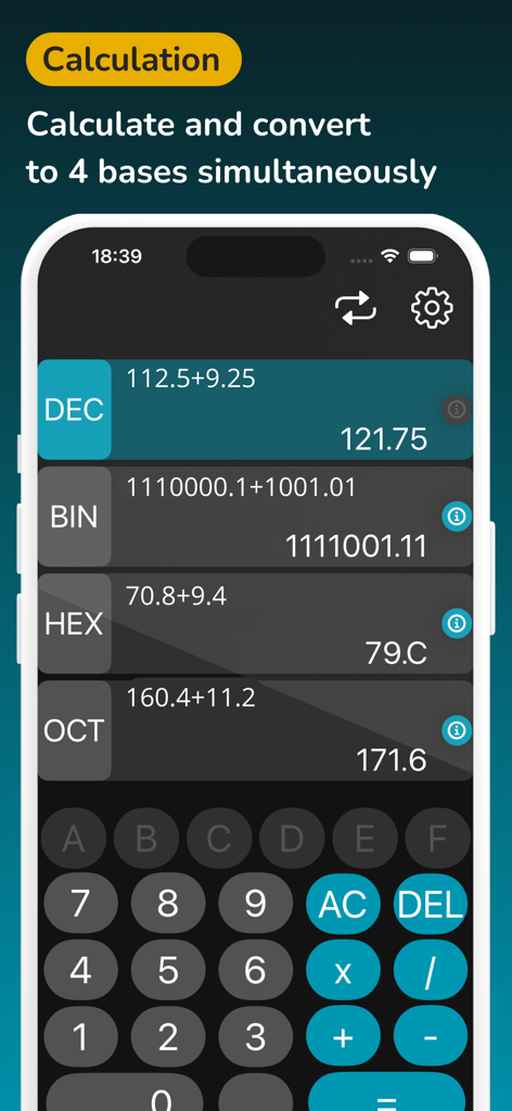 Converter Binary Calculator - Una interfaz de aplicación móvil que muestra cálculos matemáticos simultáneos en sistemas numéricos decimal binario hexadecimal y octal