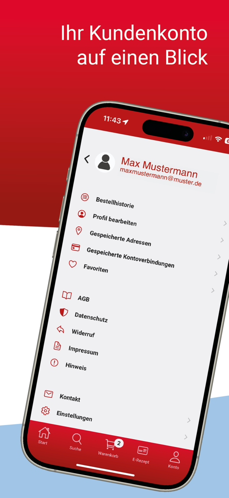 Mediherz App-Benutzerprofil-Bildschirm mit Bestellhistorie und Kontooptionen