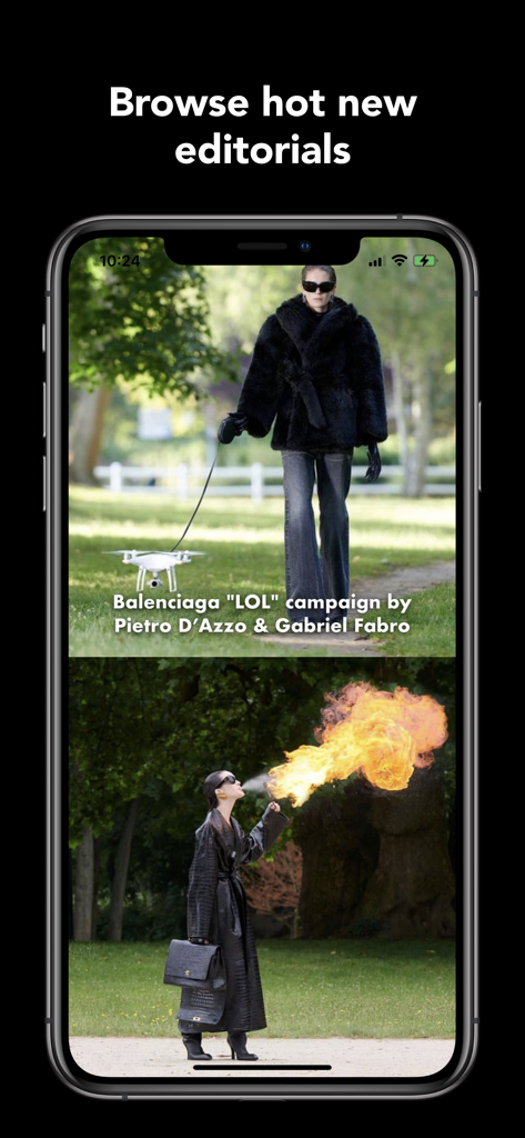 MDLA Runway - Fashion Design - A mobile app interface displaying curated high-fashion editorials and campaigns