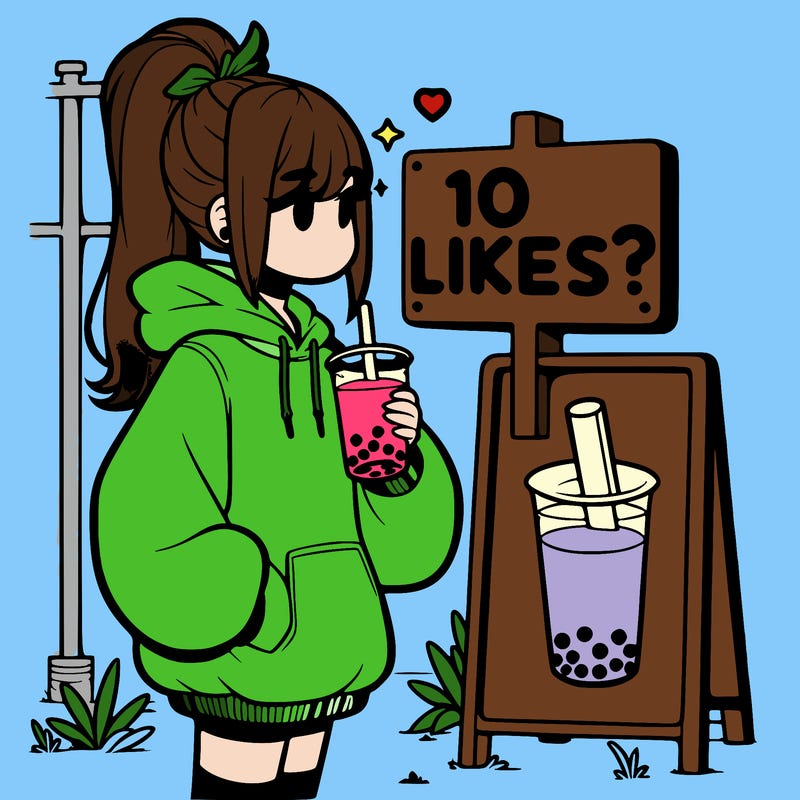 girl with oversized hoodie drinking boba and she has a high ponytail with a sign that says 10likes?