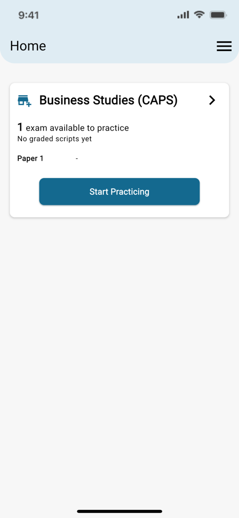 ExamEase - ExamEase home screen displaying a Business Studies course with a button to start practicing