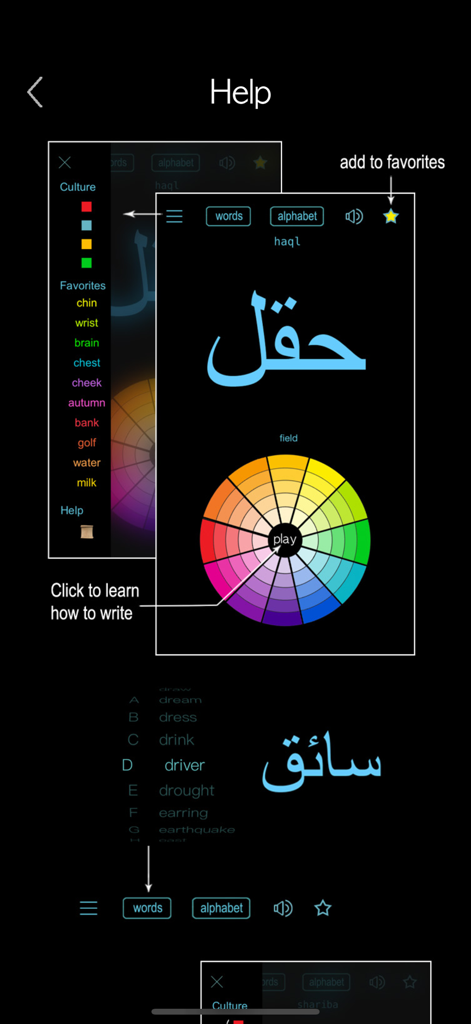 Arabic Words & Writing - Una pantalla de ayuda para la aplicación Palabras y escritura árabe que muestra la función de rueda giratoria y el menú de navegación.