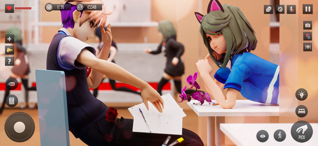 Anime Love Story Simulator - 3D anime girl with cat ears interacting with a boy in a high school classroom simulator.