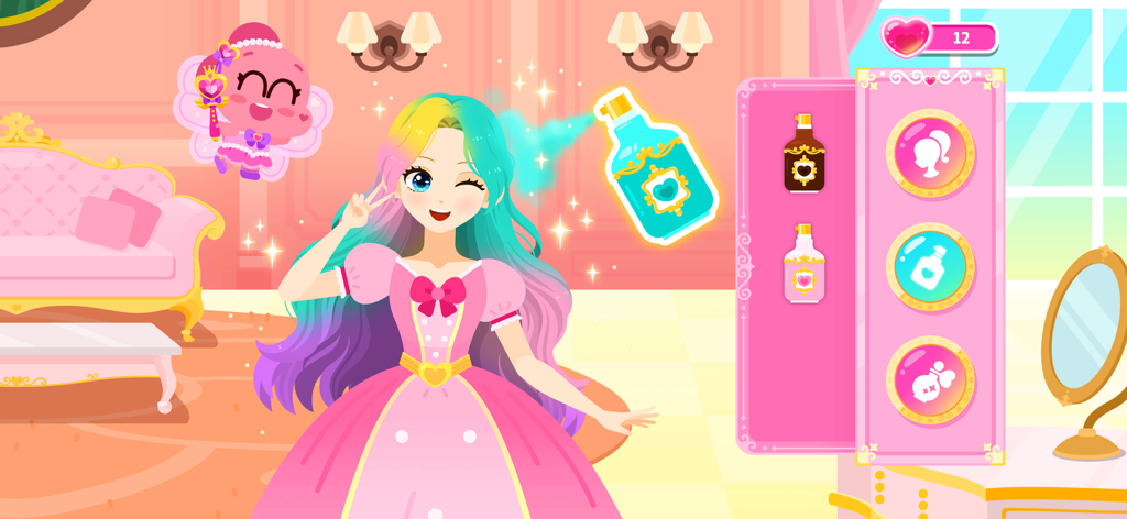 Cocobi Princess Party -Dressup - Una princesa con cabello arcoíris recibiendo un spray de perfume en una habitación de castillo rosa con un hada.
