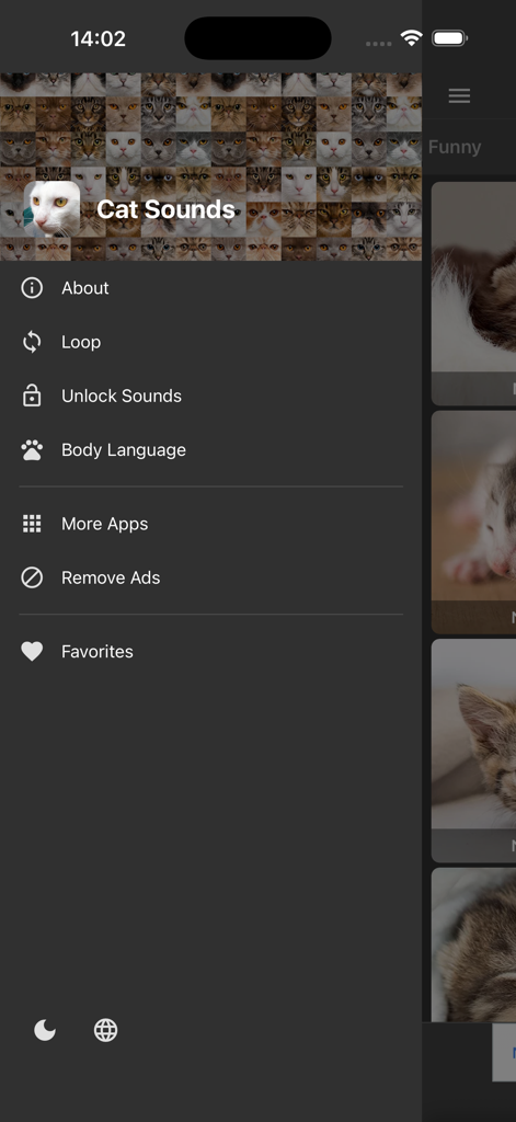 Cat Sounds - Meow Soundboard - The navigation sidebar of the Cat Sounds app displaying menu options like body language and loop sounds.