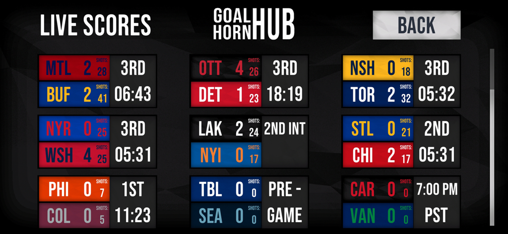 Goal Horn Hub - Goal Horn Hub app live NHL game scores dashboard showing real-time hockey game updates.
