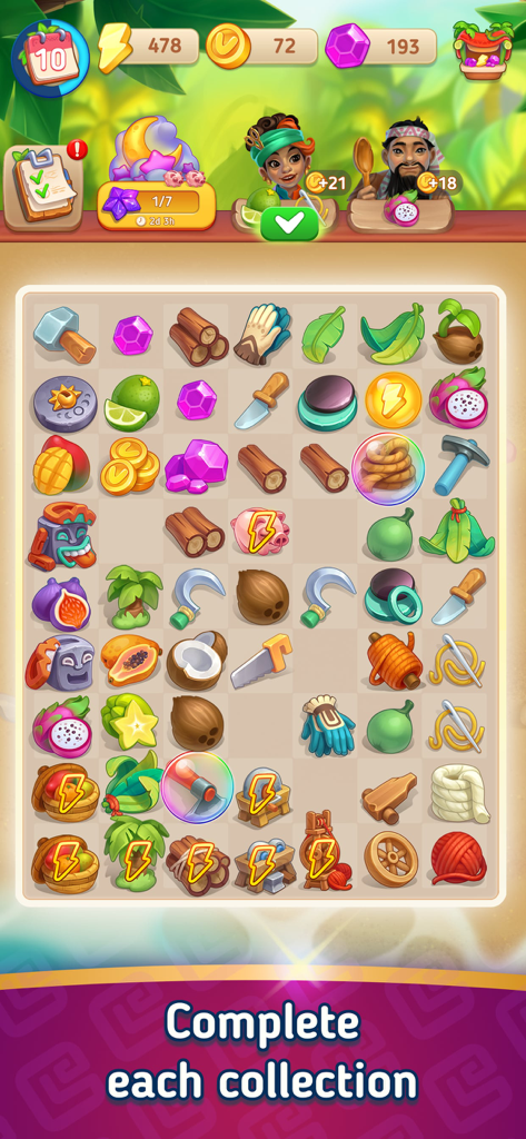 Merge Islanders: Tropical Town - Un tablero de puzle de fusión que muestra objetos tropicales, herramientas y personajes en el juego Merge Islanders