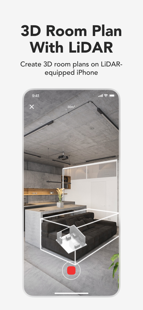 A smartphone interface using KIRI Engine LiDAR technology to scan and create a 3D floor plan of a modern living room.