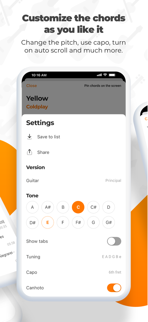 Interfaccia dell'app mobile Cifra Club che mostra opzioni di personalizzazione degli accordi per chitarra, inclusa l'accordatura del tono e la selezione del capotasto