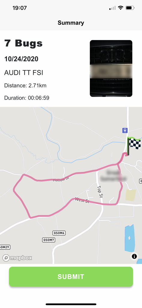 Bugs Matter - Summary of an insect count journey on the Bugs Matter app showing the route and vehicle details