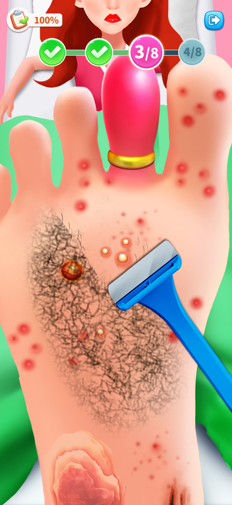 Match Villa™: Makeup ASMR - Um close-up de um pé sendo cuidado com um barbeador azul em um jogo de ASMR de maquiagem