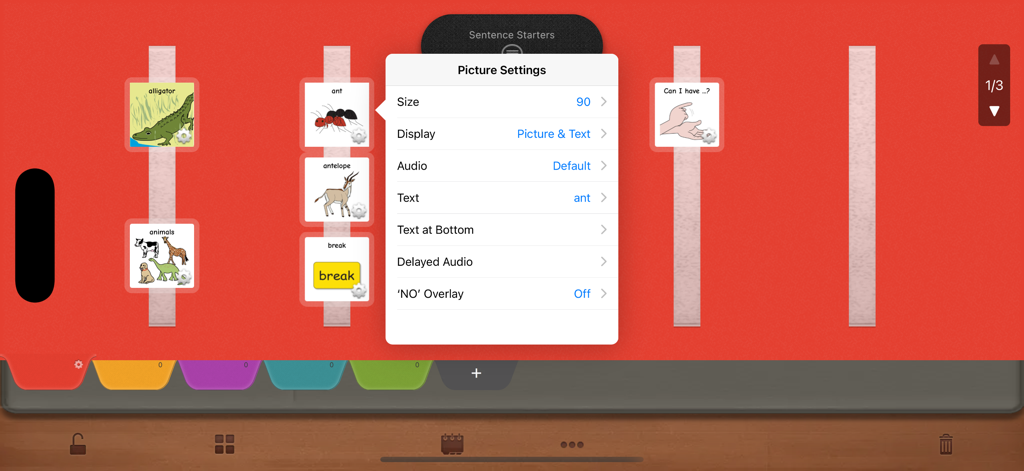 PECSTalk™ Lite - The picture settings menu in the PECSTalk Lite app showing customization options for communication icons