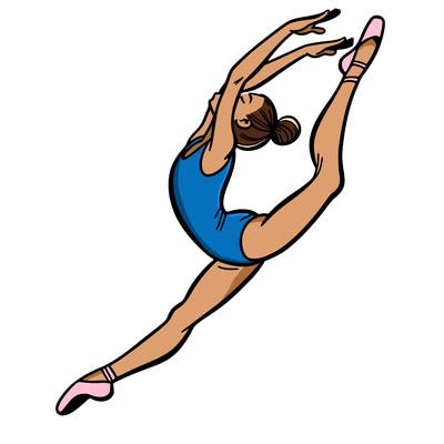 gymnast doing a leap in a leotard with a bent back leg