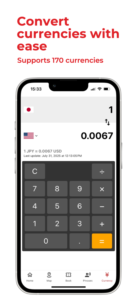 일본 여행 지도 앱 통화 변환기 인터페이스, JPY에서 USD 환율 표시.