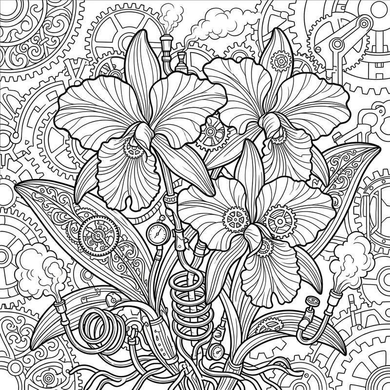 Dive into a world where nature meets machine with our captivating Steampunk Cattleya Orchids coloring page. This unique design blends the flamboyant beauty of orchids with intricate Victorian-era mechanics for an unforgettable coloring experience.