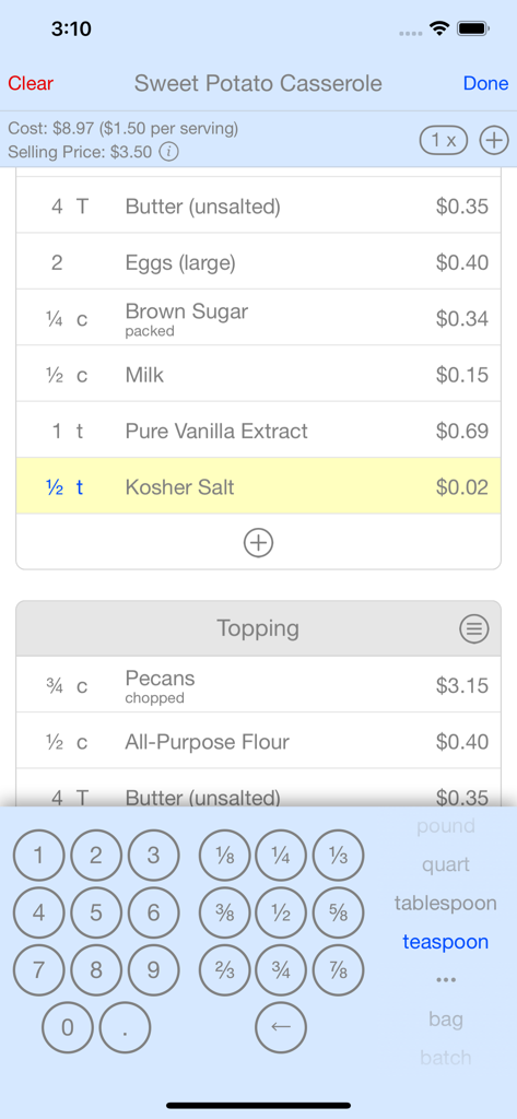 Salt & Pepper - Interface profissional de custo de receitas no aplicativo Salt and Pepper mostrando preços de ingredientes e um teclado numérico personalizado