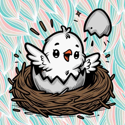 a baby chick hatching from an egg in a nest