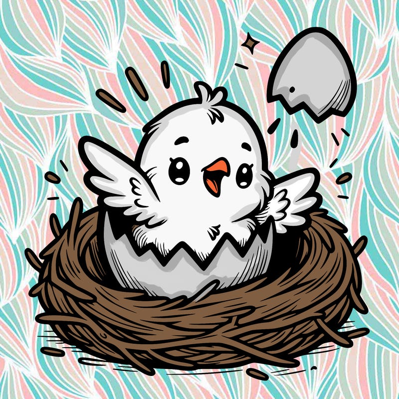 a baby chick hatching from an egg in a nest