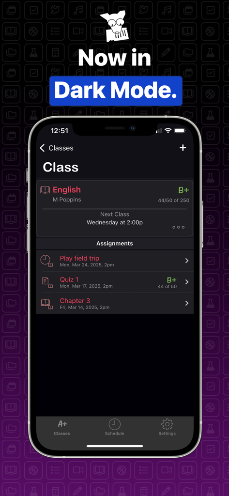 Screenshot der Benutzeroberfläche der Studentenplaner Dog Ate It App im Dunkelmodus, die einen Englischkurs mit Noten und einer Liste anstehender Aufgaben zeigt.