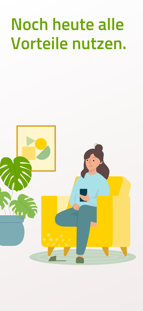 Illustration einer Frau, die in einem gelben Stuhl sitzt und die Barmer Krankenversicherungs-App auf ihrem Smartphone benutzt