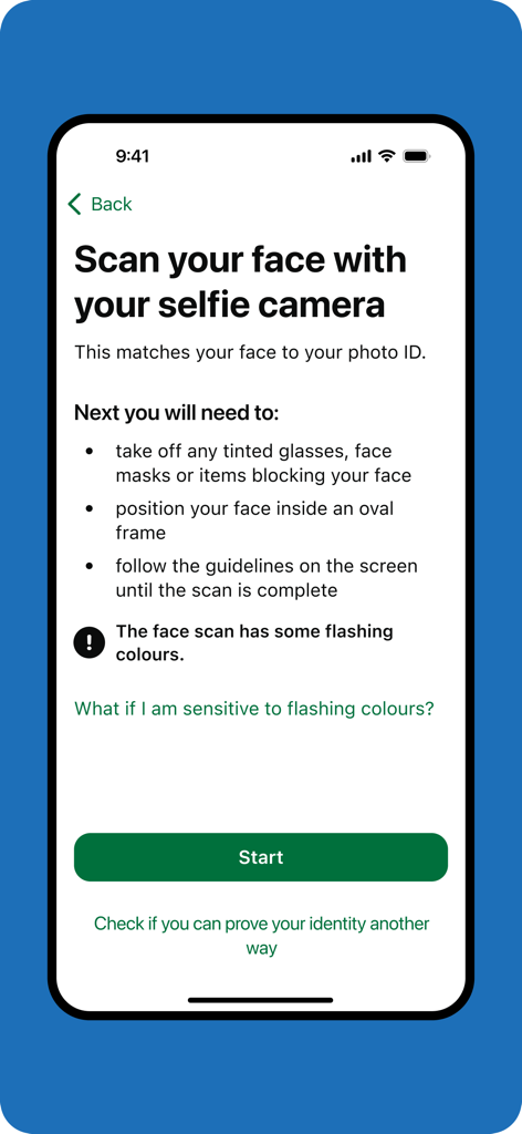 GOV.UK ID Check app screen showing instructions for a biometric face scan using the selfie camera to verify identity.