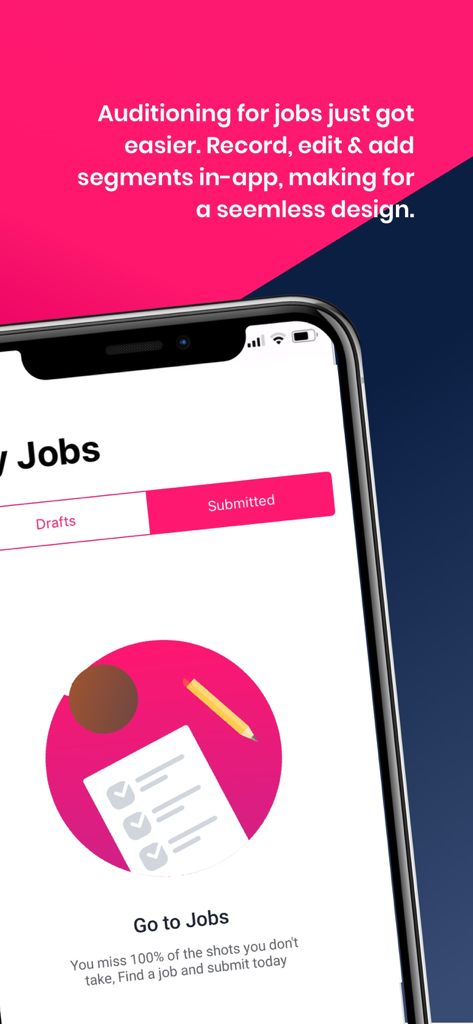 Smartphone displaying the My Jobs screen of the Actor App with tabs for audition drafts and submissions