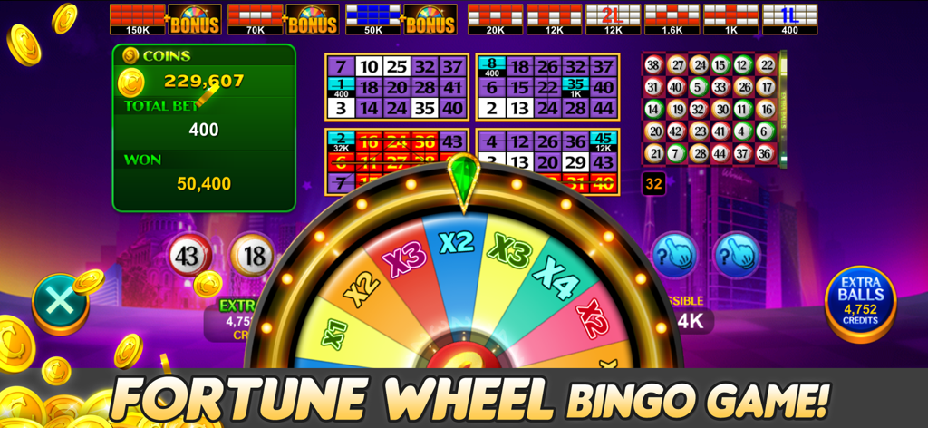 Luck'e Bingo : Video Bingo - Gameplay screenshot of Luck'e Bingo showing the Fortune Wheel Bingo game with a multiplier wheel and multiple bingo cards.