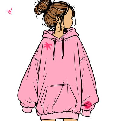 realistic girl with a oversized sweatshirt on and a bun