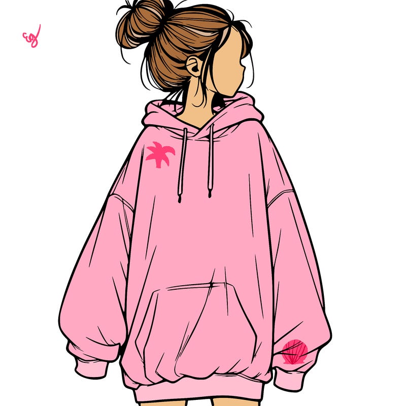realistic girl with a oversized sweatshirt on and a bun