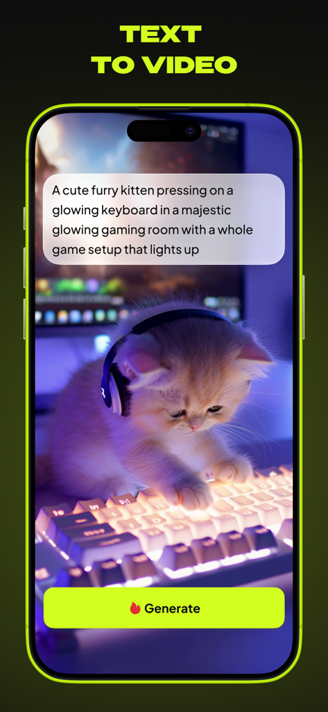 Qontrast AI: Video Generator - Interface of Qontrast AI showing a text to video generation of a kitten with headphones in a glowing gaming room.