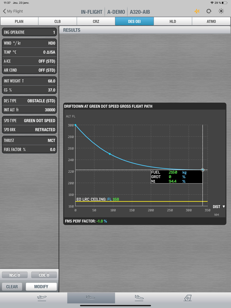 Flysmart+ InFlight - Flysmart InFlight app screen showing driftdown performance graph and flight data parameters