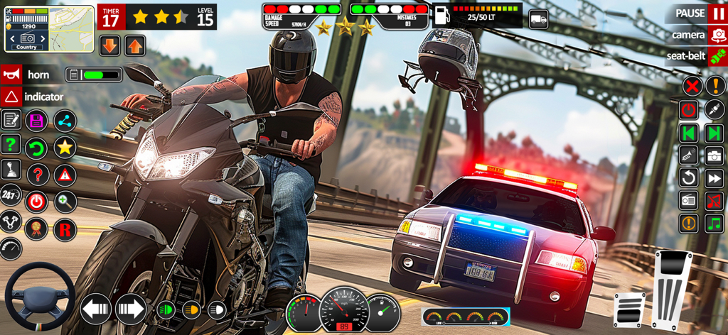 Une voiture de police poursuivant une moto sur un pont avec un hélicoptère au-dessus dans un jeu de simulation de policier.