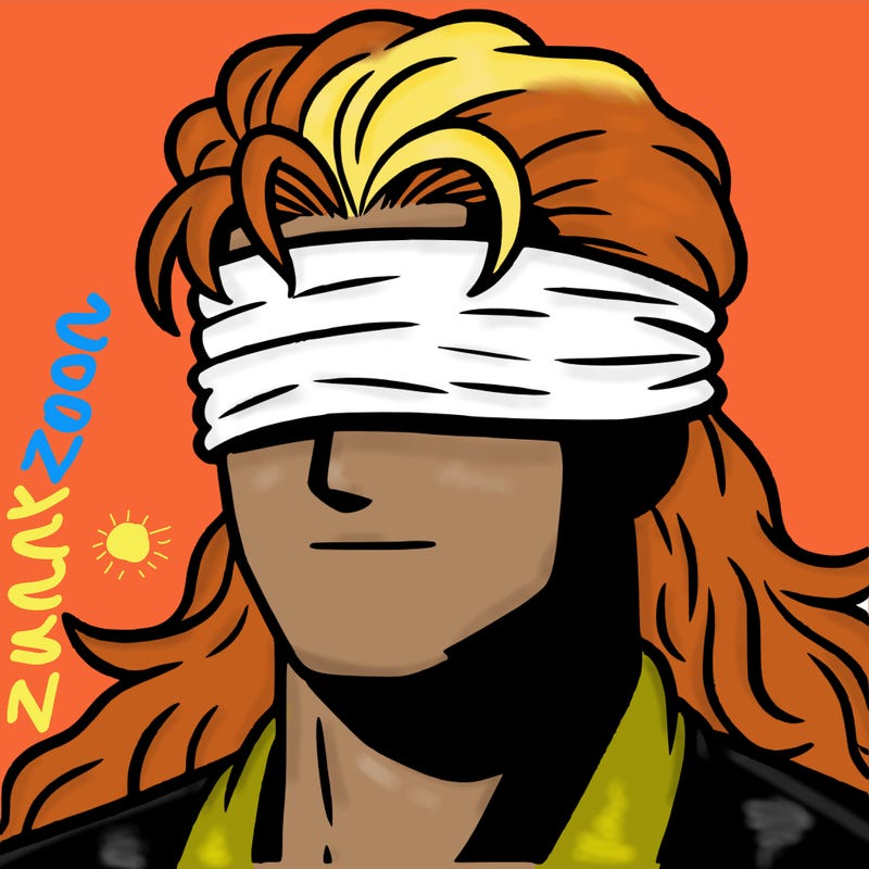 white haired man blindfolded