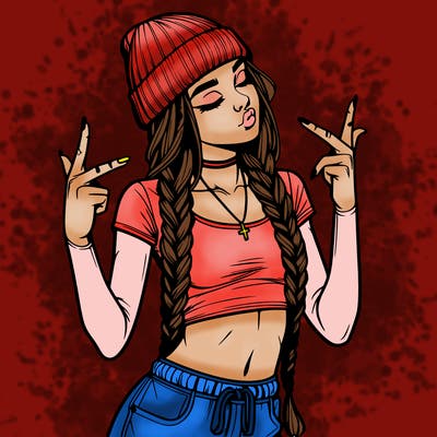 realistic teenage girl with braids and a beanie and crop top doing 🫶🏼