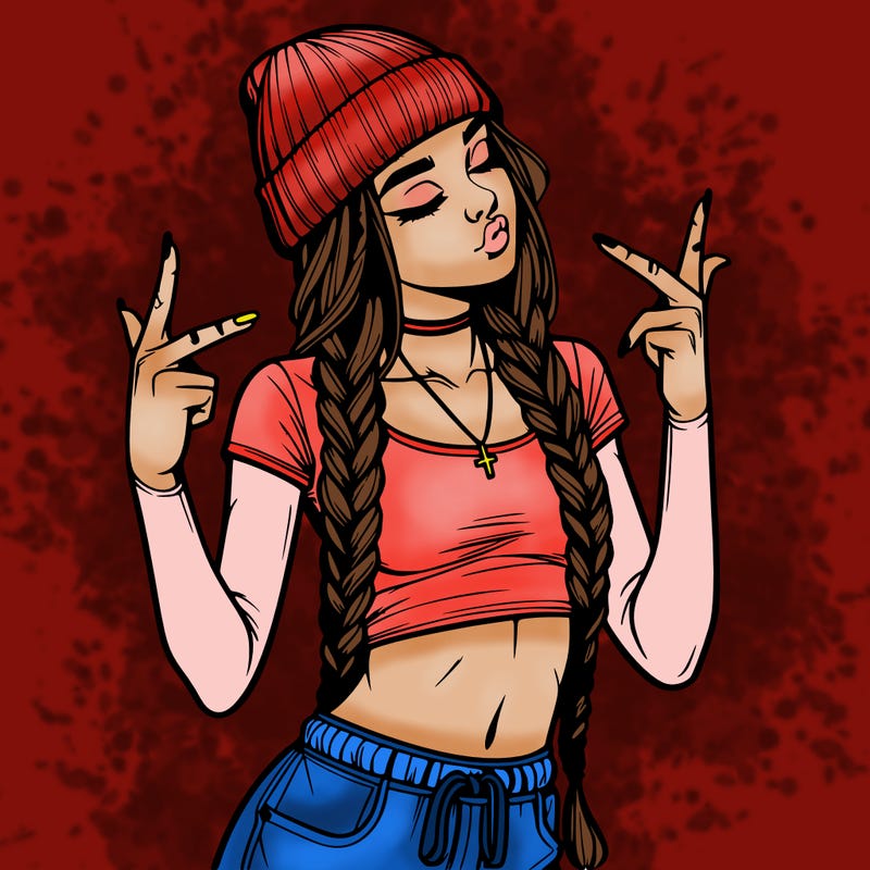 realistic teenage girl with braids and a beanie and crop top doing 🫶🏼